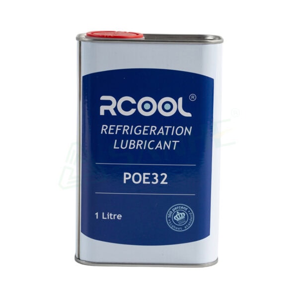 1-liter can of RCOOL refrigerant lubricant POE32 for HVAC systems, featuring a blue and silver design with a red cap.